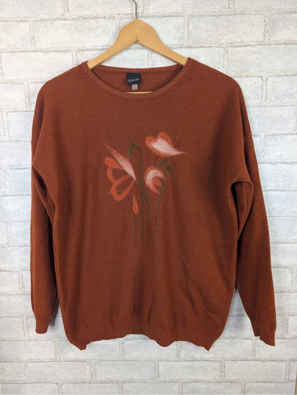 Aaeda Small Rust Orange Sweater Floral Flowers S Burnt Orange